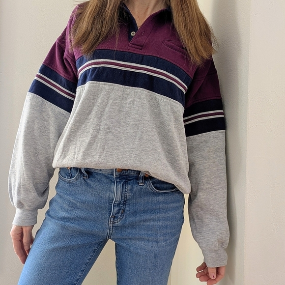 Vintage Sweaters - Vintage Skater Striped Collared Button Up Henley Pullover In Gray/Purple/Navy